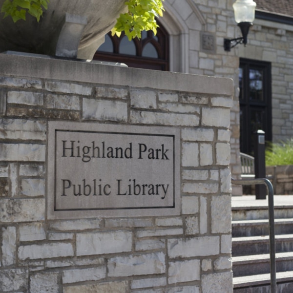 Stone Column with Welcome Sign for "Highland Park Public Library"