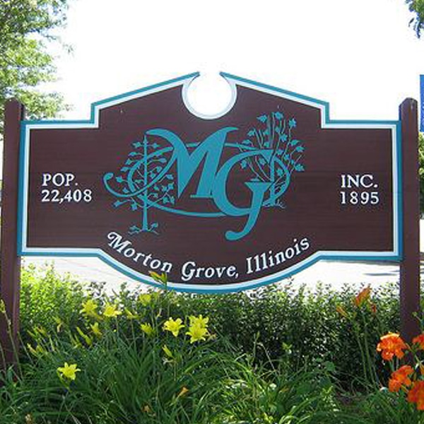 Wood and Blue Welcome Sign for "Morton Grove, Illinois"